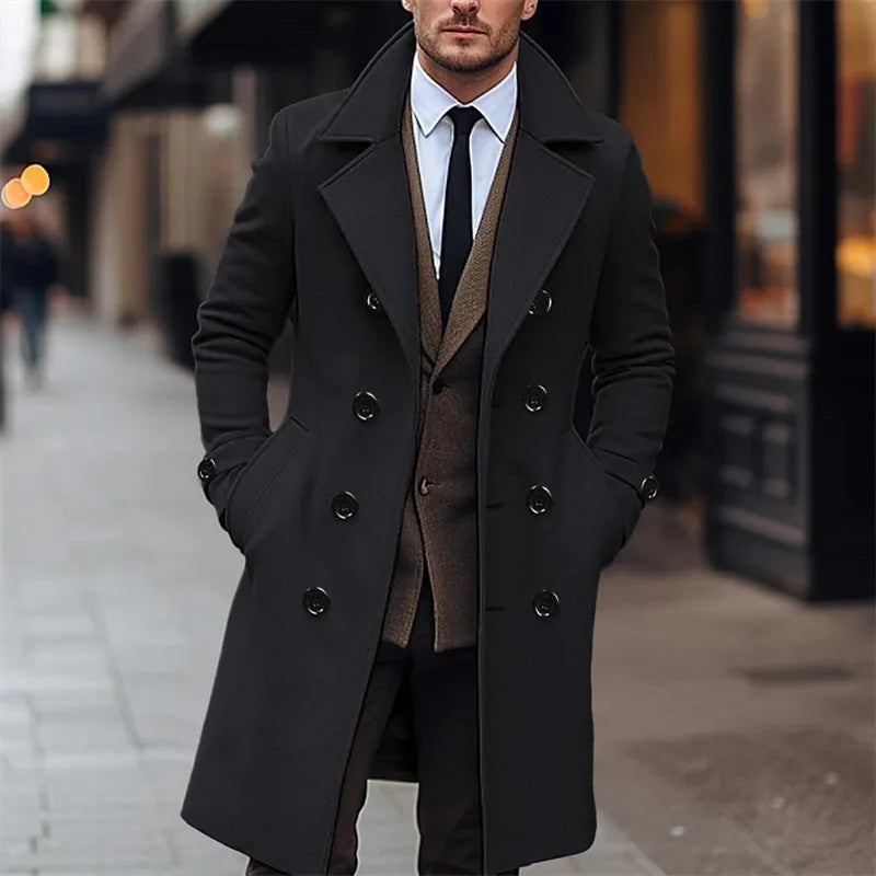 Men’s Autumn Winter Wool Coat – Double-Breasted Long Trench, Business Casual England-Style Wool Blend Jacket