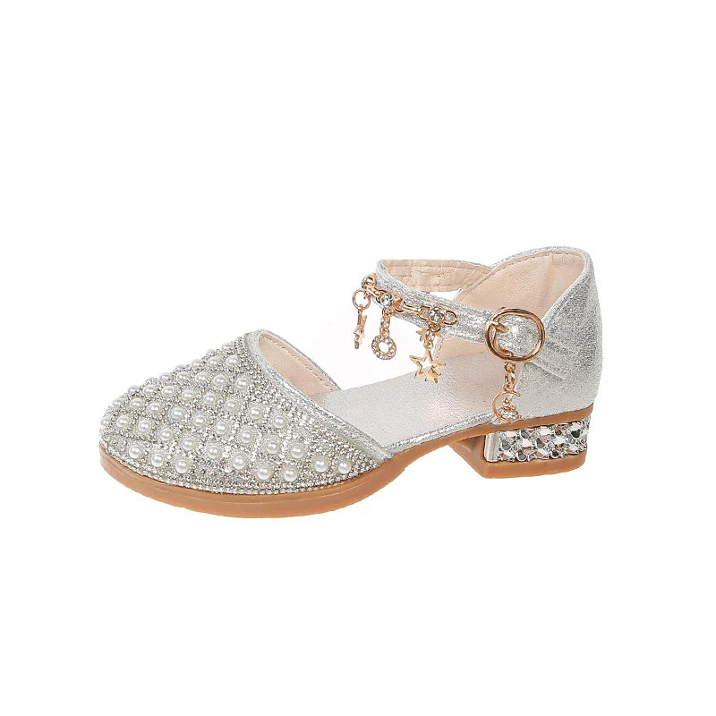 Girls’ Glitter High Heel Dress Shoes – Rhinestone Pendant Princess Shoes for Wedding & Party