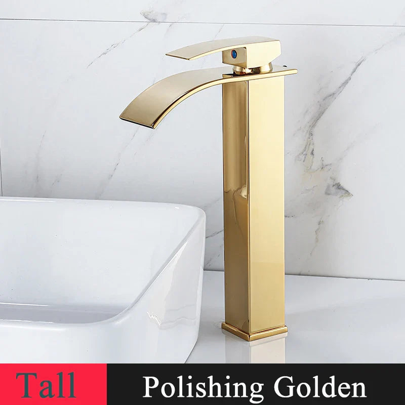 Bathroom Basin Sink Faucet - Deck Mount Waterfall Spout Tap with Single Handle, Hot & Cold Water Mixer for Vanity Washbasin