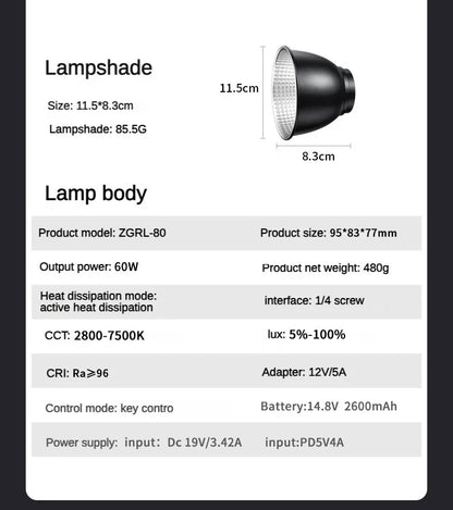 60W Pro Portable LED Video Light – COB Bi-Color Photography Light (2800K-7500K) for Livestreaming, Handheld Outdoor Shooting