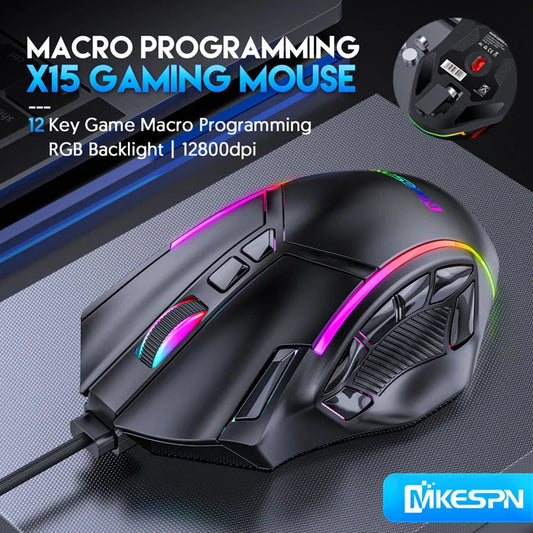 12800DPI RGB Gaming Mouse – Free Weight Macro with 12 Programmable Keys, 6-Level RGB Light for PC, Mac, PUBG, Laptop