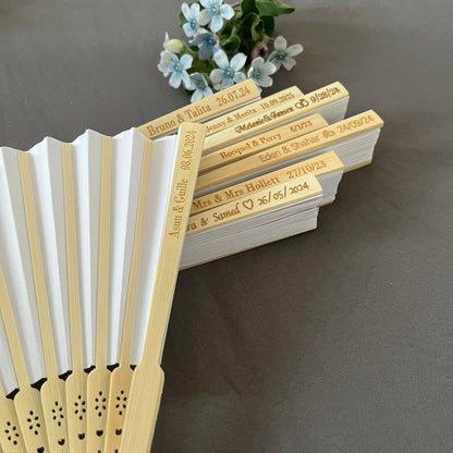 20/50/80 Personalized Engraved White Folding Paper Fans - Elegant Wedding Party Fan with Gift Bag & Organza
