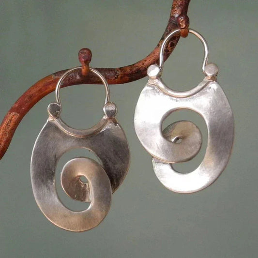 Gypsy Curl Spiral Hoop Earrings – Vintage Silver Hollow Metal Winding Dangle Earrings for Women Jewelry