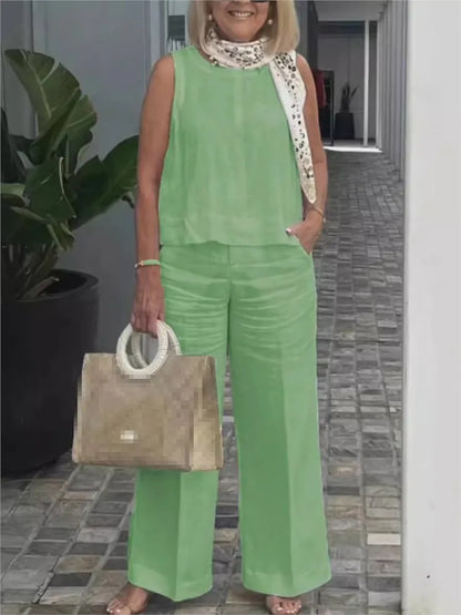 Women Cotton Linen Summer 2-Piece Set – Sleeveless Loose Blouse & Wide Leg Pants Casual Fashion Outfit Suit