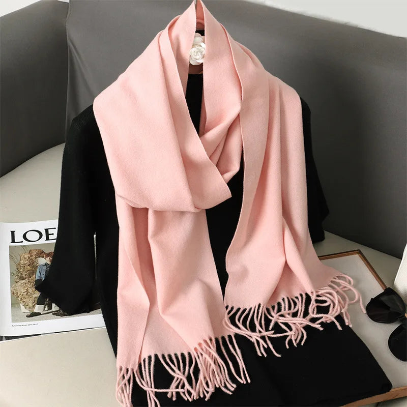 62-Color Solid Women’s Winter Scarf — Thick Warm Cashmere Pashmina Shawl with Tassels, Outdoor Luxury Wrap, Windproof Fashion Scarf