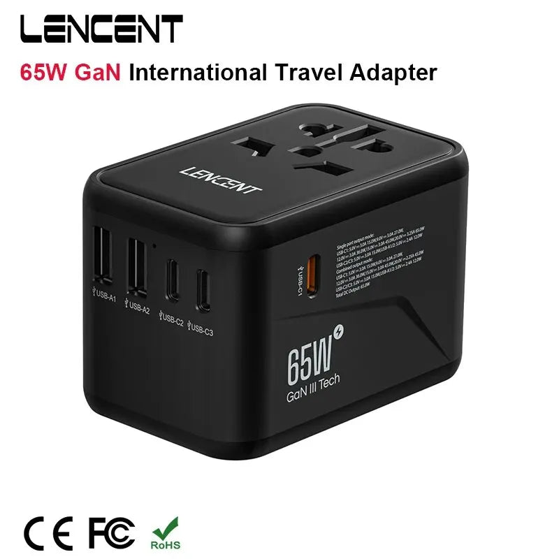 LENCENT 65W/100W GaN Fast Charging International Travel Adapter - 2 USB and 3 Type-C Ports, Includes EU, AU, US, UK Plugs