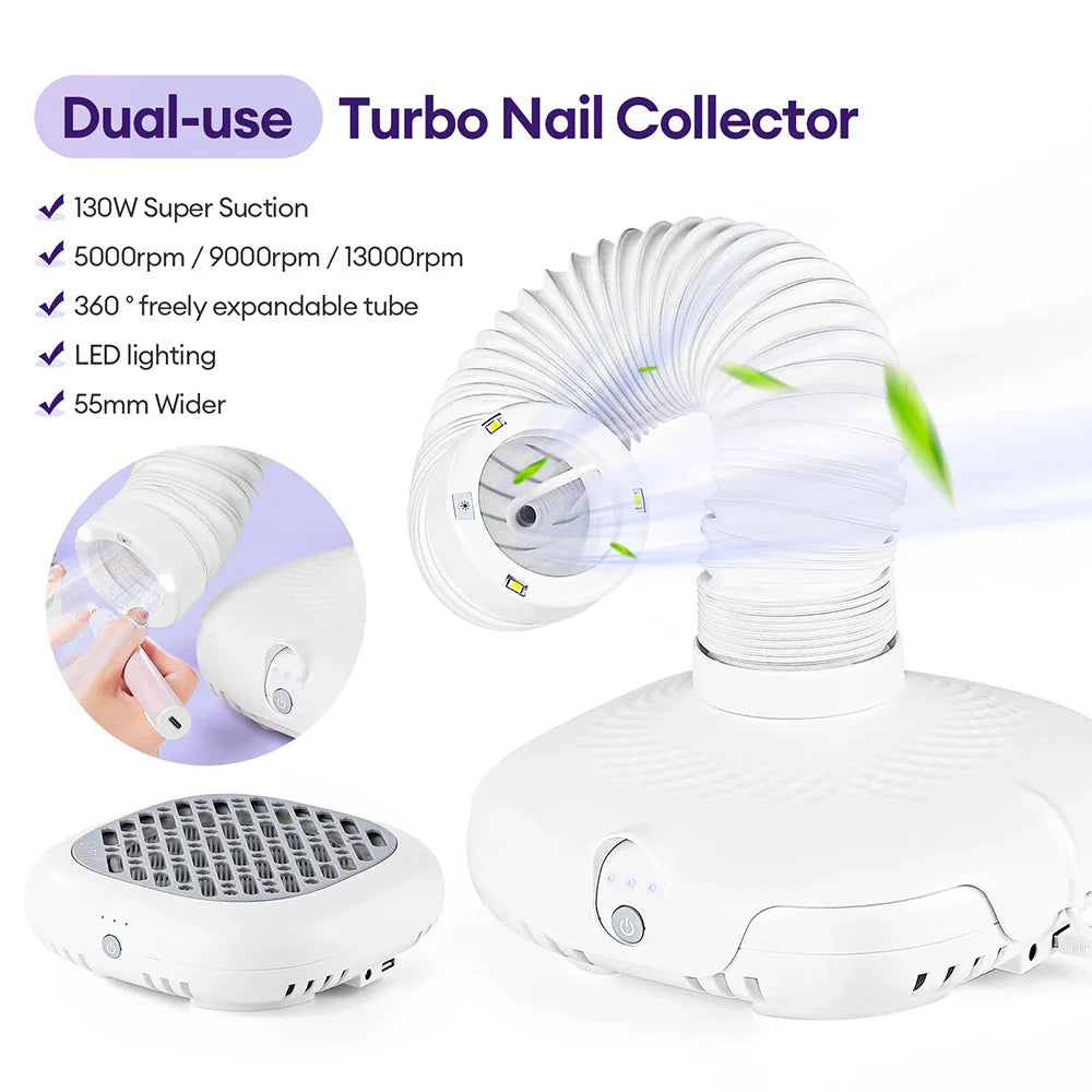 130W Brushless Nail Dust Collector – Double-Use Nail Art Vacuum with Tube Elbow for Manicure