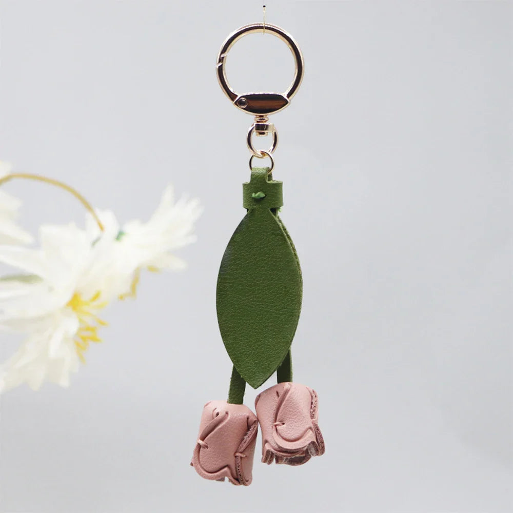 Fashion Tulip PU Leather Bag Charm Keychain – Cute Flower & Leaf Pendant, Creative Handbag Decoration Gift for Family & Friends