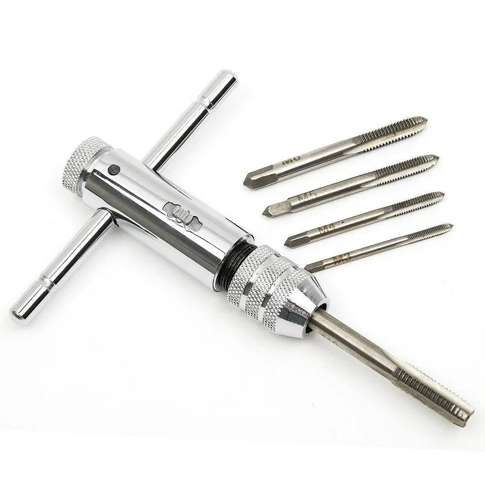 Adjustable Silver T-Handle Ratchet Tap Holder Wrench – 5pcs M3-M8 Machine Screw Thread Metric T-shaped Tap