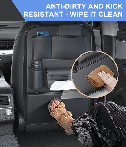 All-in-One Car Seat Back Storage Bag – Upgraded 6 Pocket Organizer with Hook, Tissue Holder, Anti-Kick Pad & Cup Holder