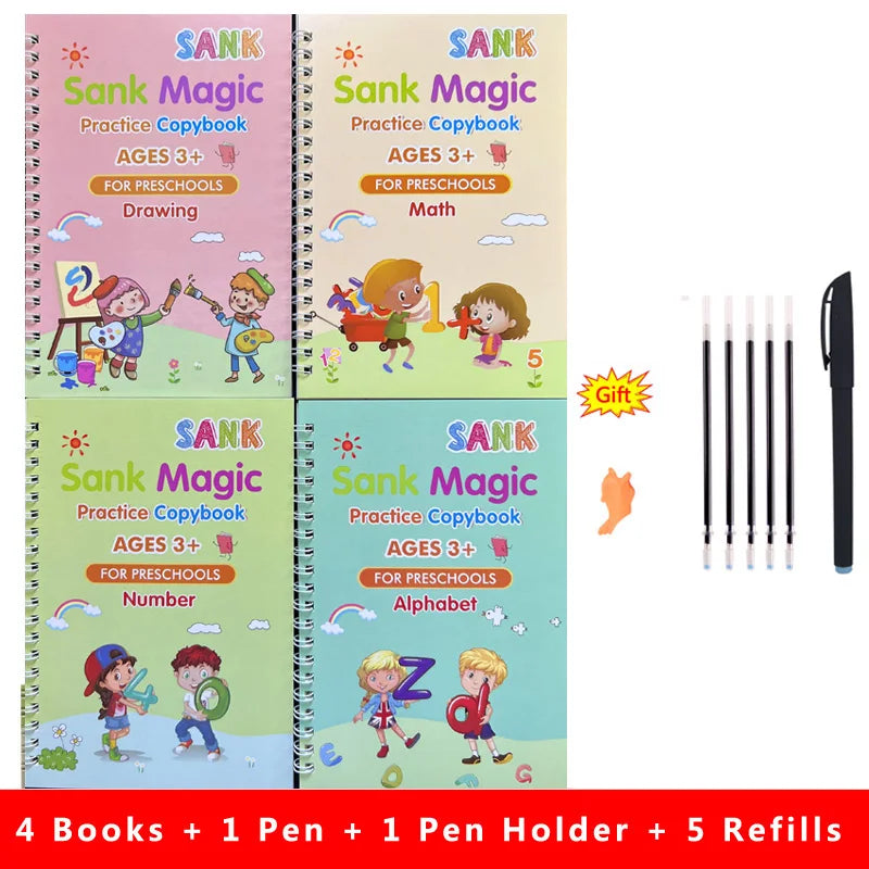 4-Piece Magic Practice Copybook Set with Pen — Reusable English Calligraphy Writing Book for Kids & Preschoolers
