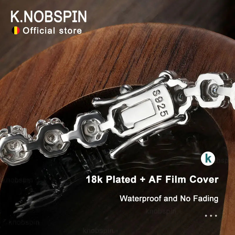 KNOBSPIN D VVS1 Moissanite Tennis Bracelet – Full Diamond, GRA Certified, 925 Sterling Silver White Gold Flower Bracelet for Men & Women