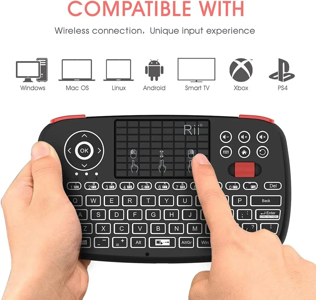Rii i4 Mini BT Wireless Keyboard with Touchpad - 2.4GHz Backlit Mouse Remote for Windows, Android TV Box, and Smart TV
