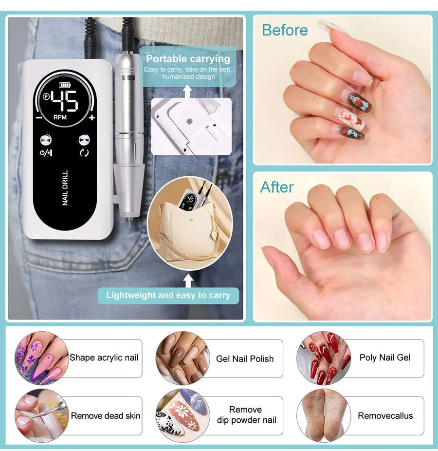 Effortless Precision: Original 45000RPM Rechargeable Nail Drill Machine with LCD - Low Noise Professional Nail Polish Sander, Complete Nails Accessories Set