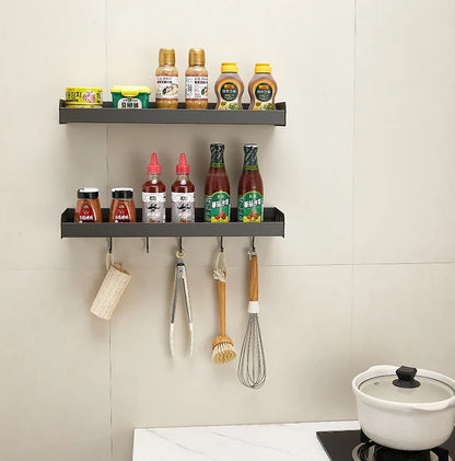 Wall-Mounted Kitchen Spice Rack Organizer with Hanging Hooks – Kitchen Storage Shelf for Condiments