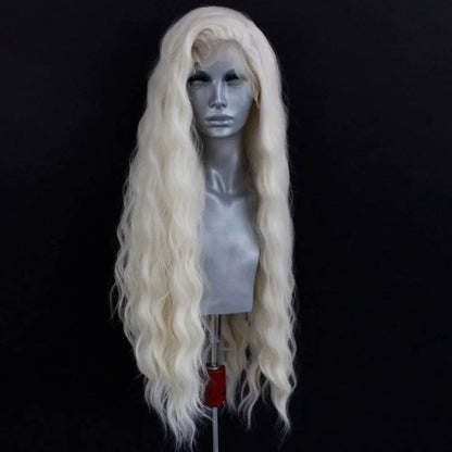 Platinum Blonde Wave Lace Front Wig – Long Synthetic Wigs for Women, Natural Loose Curl Cosplay in White, Black & Pink