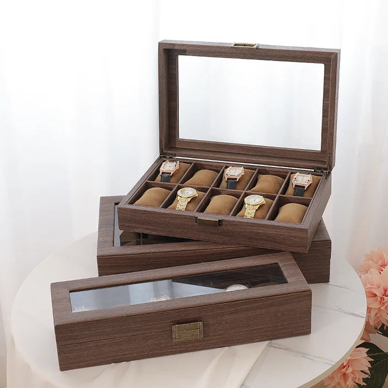 DELESYS Retro Imitation Wood Grain Leather Watch Box — Creative Gift Storage Case for Watches, Glasses & Accessories