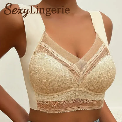 Women’s Lace Perspective Bralette — Push-Up Ice Silk Deep V Bra, Sexy Lingerie Top, Plus Size L–5XL Mom’s Underwear