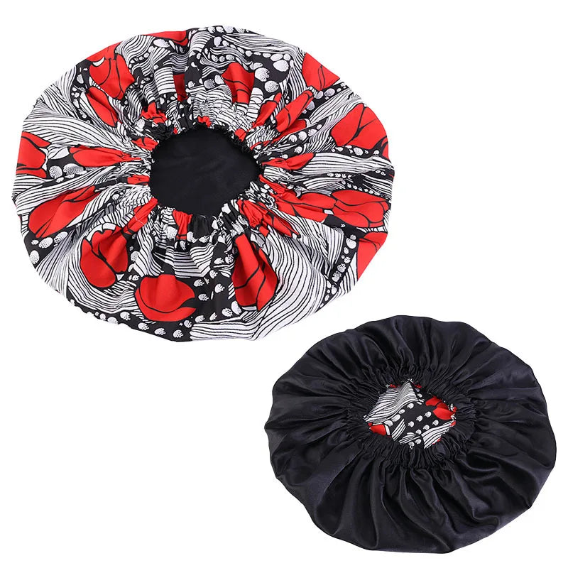 Women’s Double-Layer Satin Bonnet - African Ankara Floral Print Adjustable Reusable Sleep Cap for Hair Care