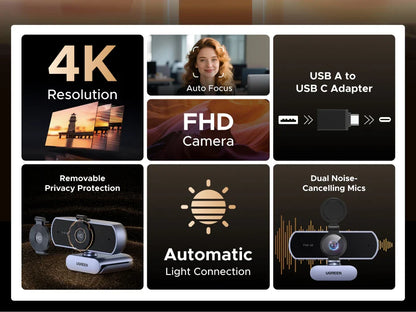 UGREEN 4K FHD 1080P 8MP Webcam – PDAF Auto Focus, Dual AI Noise-Cancelling Mics for PC, Zoom, Teams & Google Meet