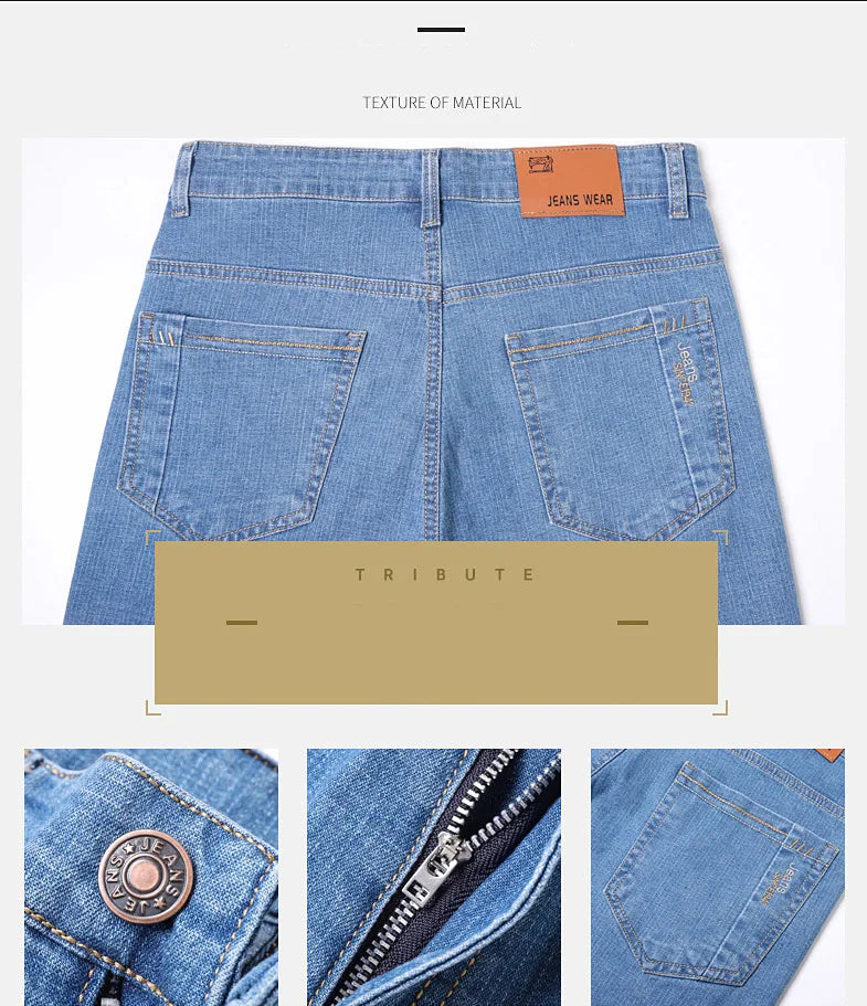 Men’s Casual Comfortable Jeans – Straight Loose Fit High Waist Elastic Trousers for All Seasons & Office Wear