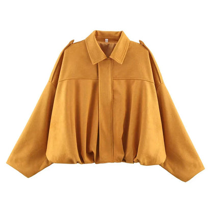 Women's Vintage Bomber Jacket Coat – Turn-Down Collar Long Sleeve Loose Fit Chic Fashion Outerwear
