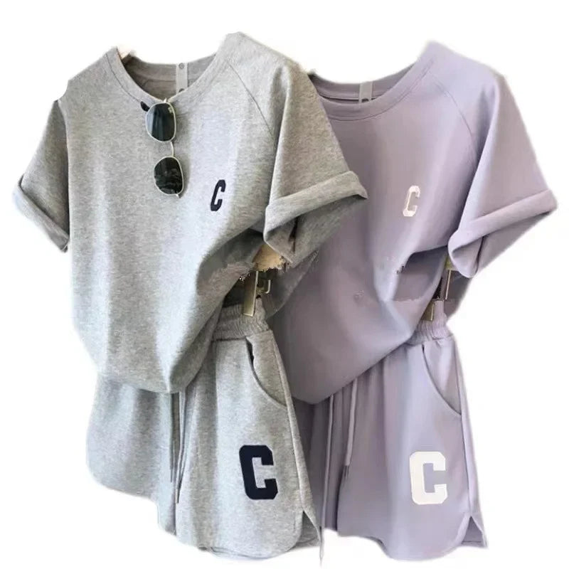 Women’s Two-Piece Sports Tracksuit – C Letter Print Short Sleeve T-Shirt with Drawstring Shorts, Exercise & Casual Wear