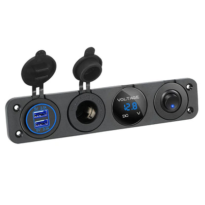 4-in-1 Marine Switch Panel | 12V Dual USB Charger, Power Outlet, LED Voltmeter & Cigarette Lighter Socket