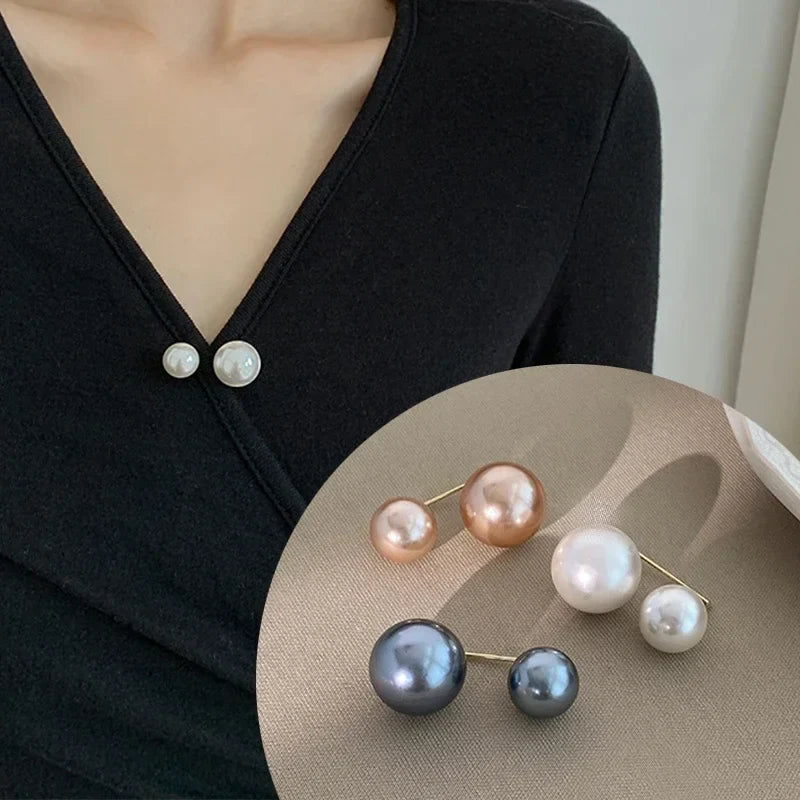 Double Pearl Brooch Pins: Women's Fashion Tightening Waistband Metal Lapel Pin for Sweaters, Shirts, and Cardigans