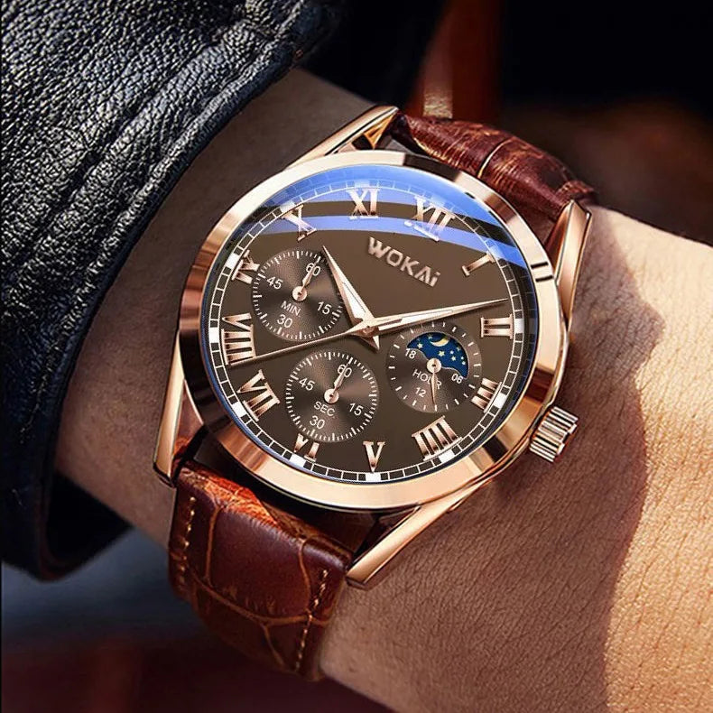 Fashion Business Three-Eye Roman Dial Quartz Watch - Bamboo Belt, Elegant & Stylish Timepiece