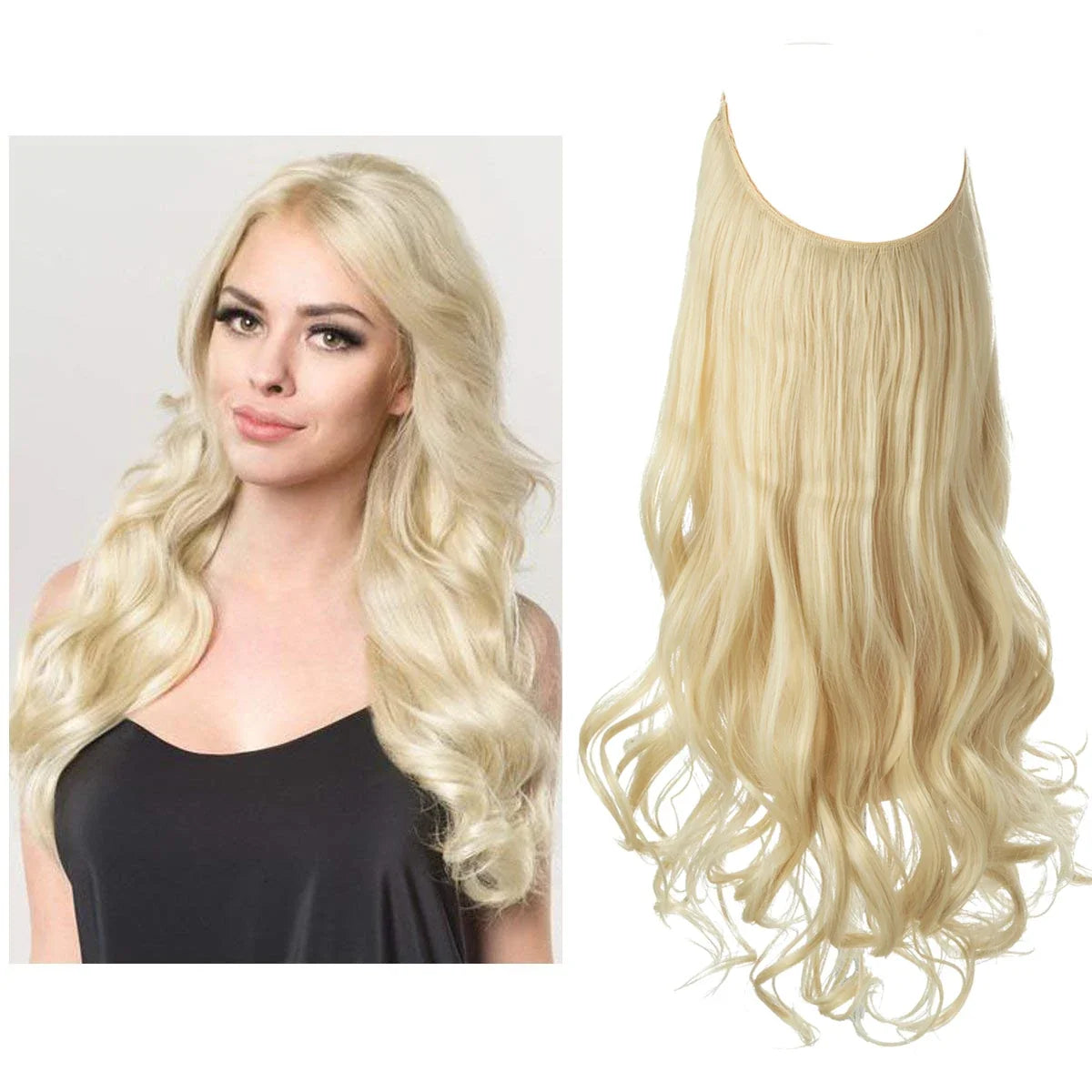 Synthetic Ombre Hair Extension - One Piece Invisible Wire Long Wavy Clipless False Hairpiece Black Blonde Pink