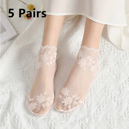 5 Pairs Summer Pure Cotton Women Socks - Leaves Lace Invisible Thin Ladies Boat Hollow Non-slip Shallow Stockings