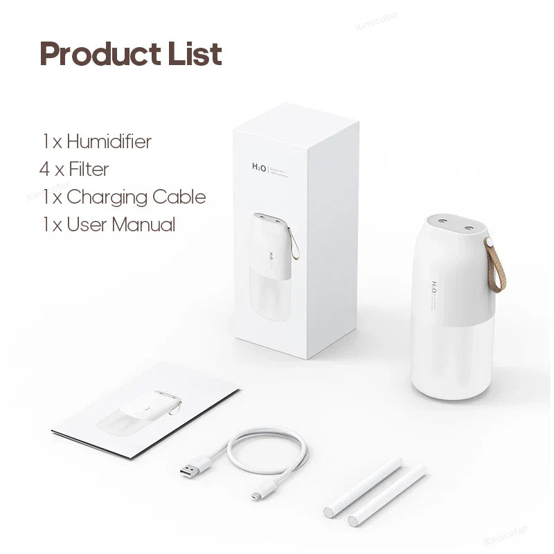 KINSCOTER Portable Double Mist Air Humidifier – 300ml Cold Mist Diffuser, 2000mAh Car Air Purifier & USB Mini Air Freshener