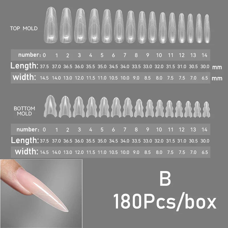 180pcs Sandwich Dual Nail Forms – 15 Sizes Coffin & Almond Nail Extension Molds for Manicure, Top & Bottom Forms