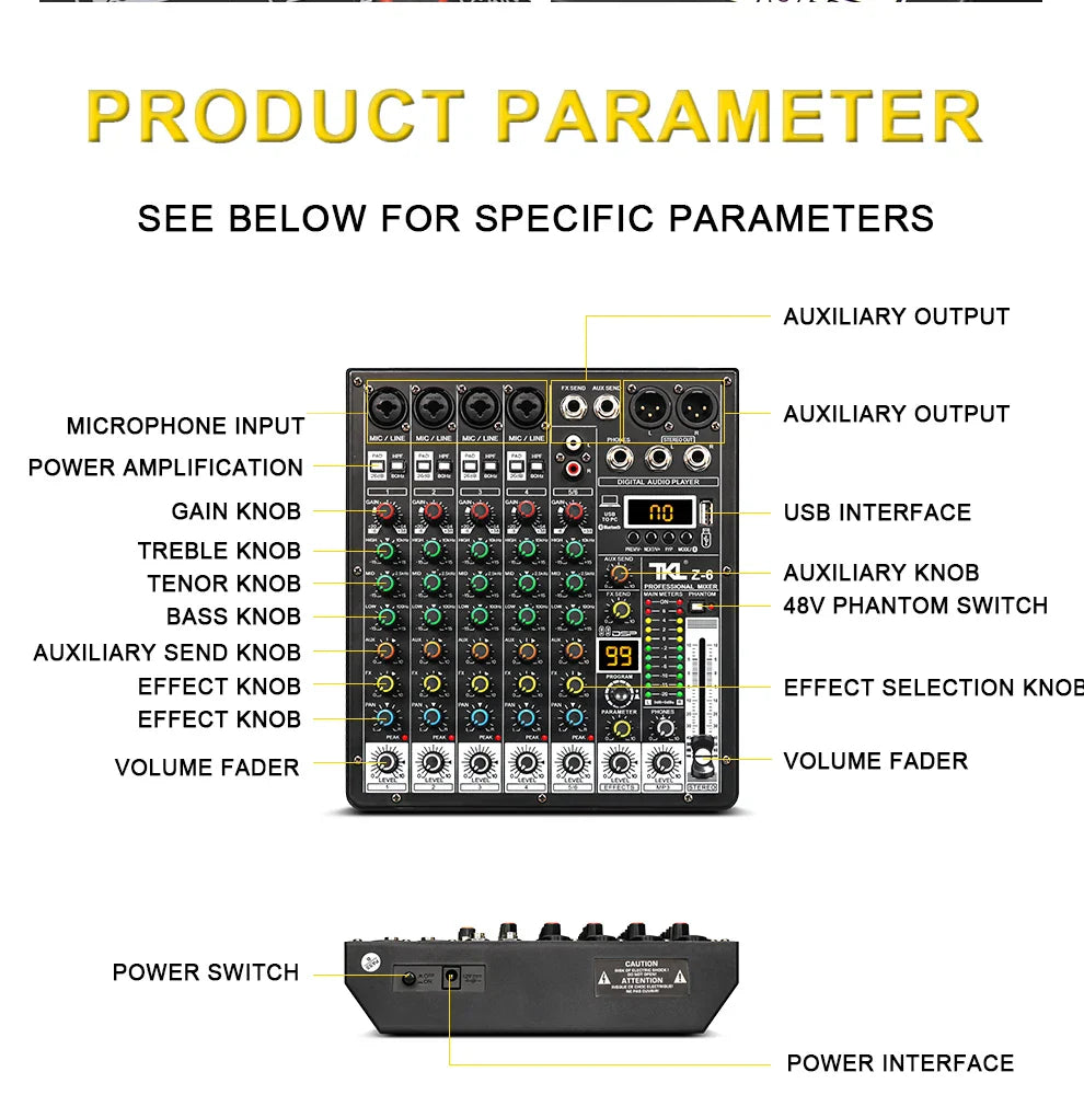TKLBLS Professional 6 Channel Audio Mixer – 99 DSP Effects, 48V Phantom Power, USB, Bluetooth DJ Console for Studio & Karaoke