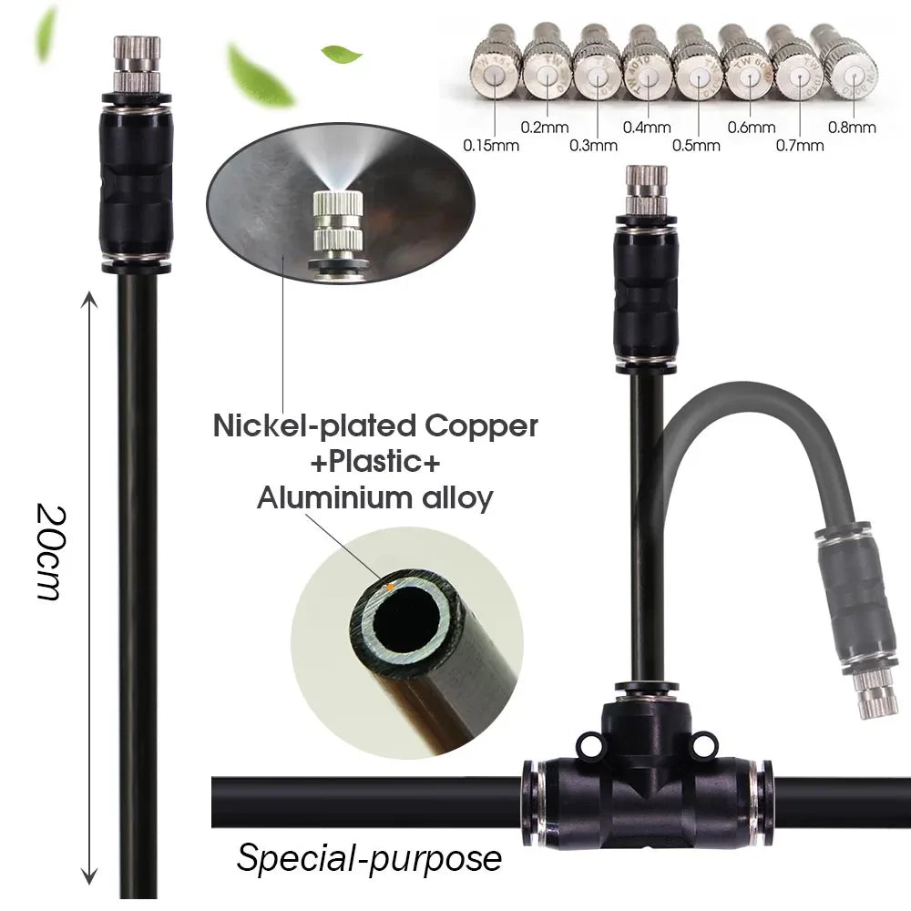3/8" Misting Cooling System Kit – 360° 0.6mm Nozzle Atomizer with PE Tubing & 80 Mesh Filter for Garden Irrigation Watering