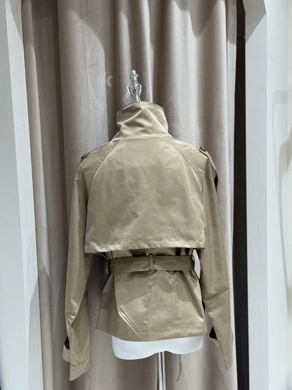 Women’s Belted Cropped Trench Jacket, Double-Breasted Stand Collar Coat – Chic Vintage Casual Fall 2025 Outerwear