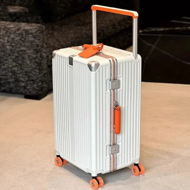 Aluminum Frame Rolling Luggage — Wide Handlebar Trolley Suitcase with Colorful Silent Spinner Wheels, TSA Lock & Large Capacity
