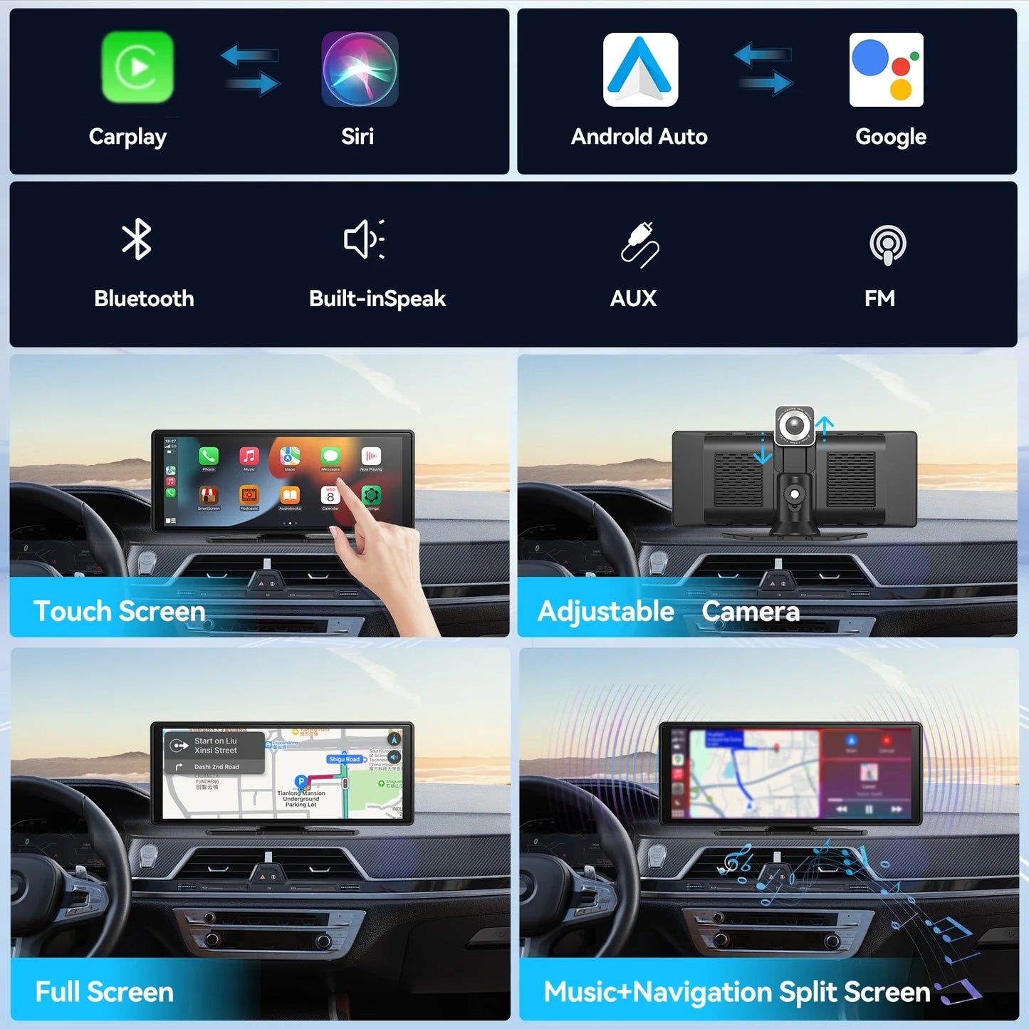Universal Portable CarPlay – Wireless Car Stereo with Android Auto, Touchscreen for Car Screen