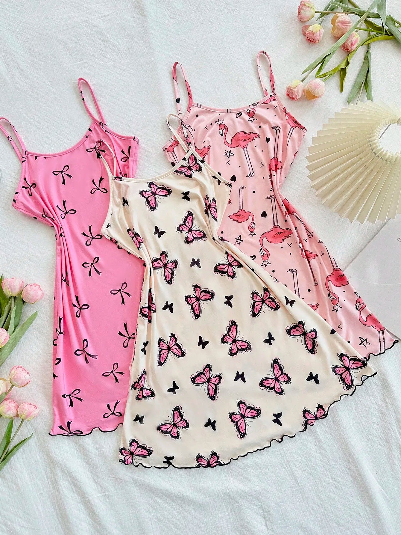 3-Piece Women's Camisole Nightgown Set – Cute Butterfly, Bow & Flamingo Print Sleepwear