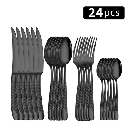 24-Piece Stainless Steel Tableware Set – Star Design Steak Knives, Forks, Dessert Forks, and Spoons for Family Use