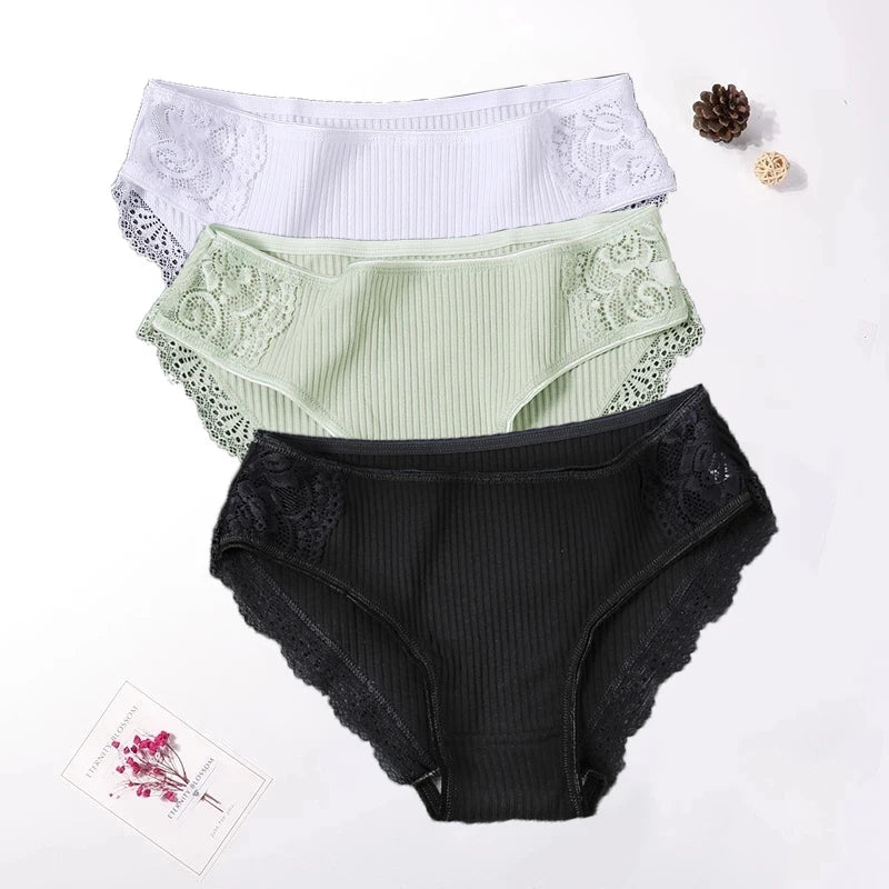 Floral Lace Cotton Women’s Panties - Comfortable Briefs, Solid Color Underwear, 3PCS/Set, Sizes M-XXL