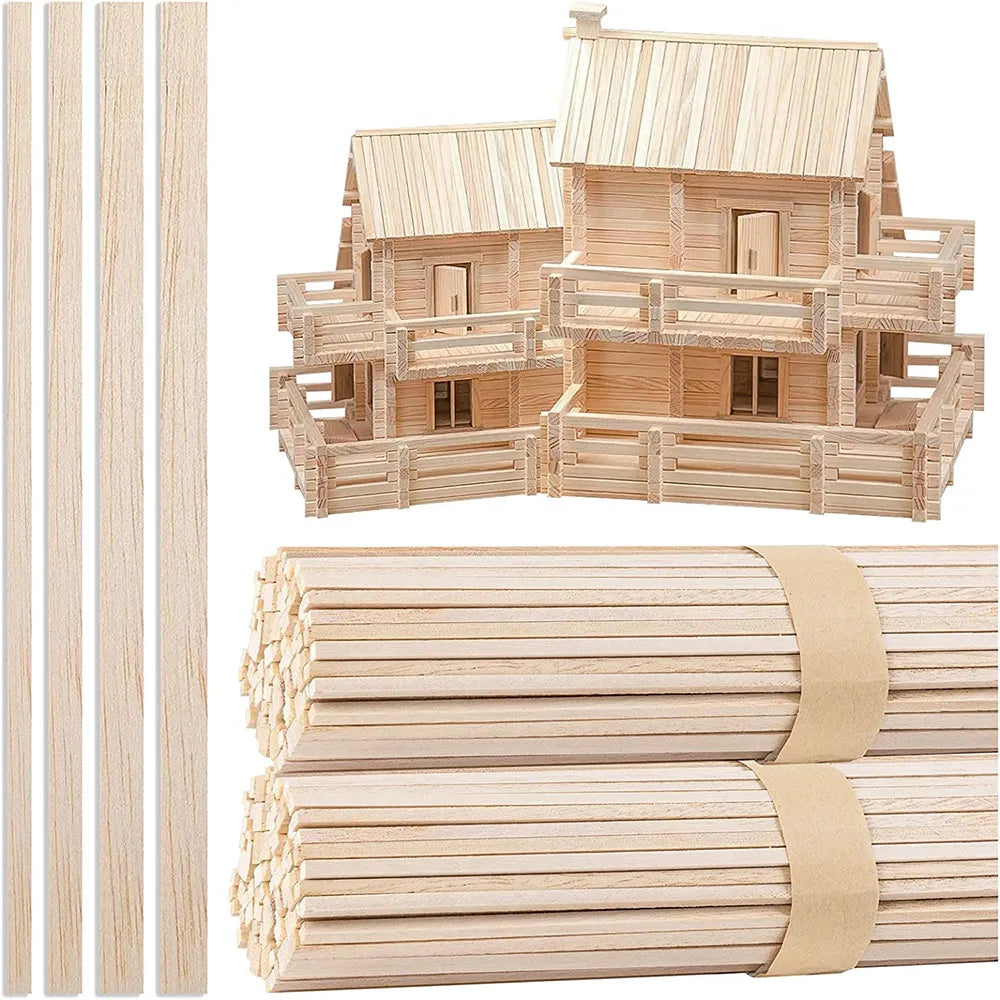 130pcs Balsa Wood Wooden Strip Craft Kit - Square Cudgel Model Toys Building Carving Handicraft DIY Accessories - Balsa Stick Set