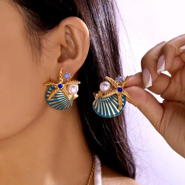 Ocean Style Asymmetric Earrings - Starfish Shell Pearl Zircon Stud Jewelry Gift for Women