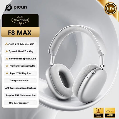 Picun F8 Pro ANC Wireless Headphones - 3D Spatial Audio Bluetooth Headset with HD Mic & Low Latency App Support