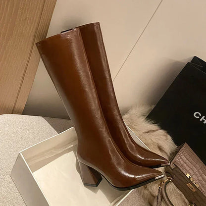 Pointed Toe Women's High Boots – Fashionable Side Zipper Long Booties, Elegant Party High Heel Shoes for Winter