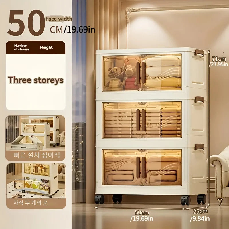 Foldable Multi-Layer Storage Box with Wheels — Plastic Cabinet for Clothes, Books & Kitchen Organization