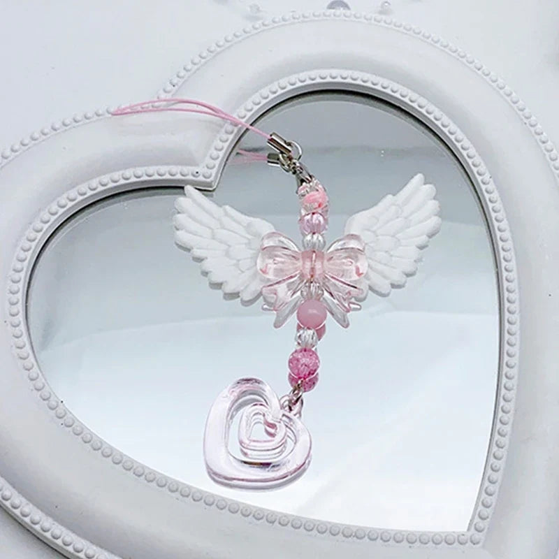 Wings Bow Heart Phone Charm - Sweet Mobile Strap Chain & Keychain Bag Accessory for Girls and Women