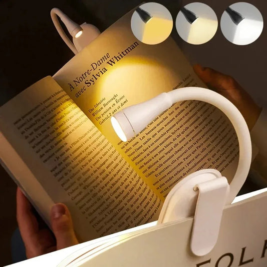 Mini LED Book Light – Adjustable Clip-On 360° Flip Eye Protection Lamp, Rechargeable 3-Color Reading Light for Travel & Bedroom