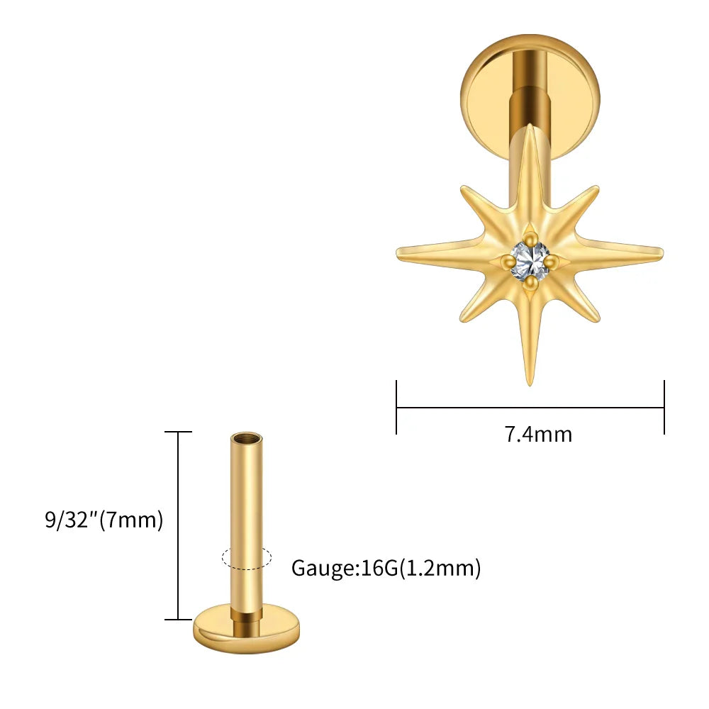 Right Grand ASTM F136 Titanium CZ North Star 16G Flat Back Earring – Tiny Starburst Helix, Cartilage & Earlobe Stud Piercing Jewelry